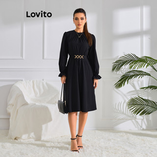 Lovito 女士休閒素色金屬荷葉邊抽繩背心連身裙 LBL11233
