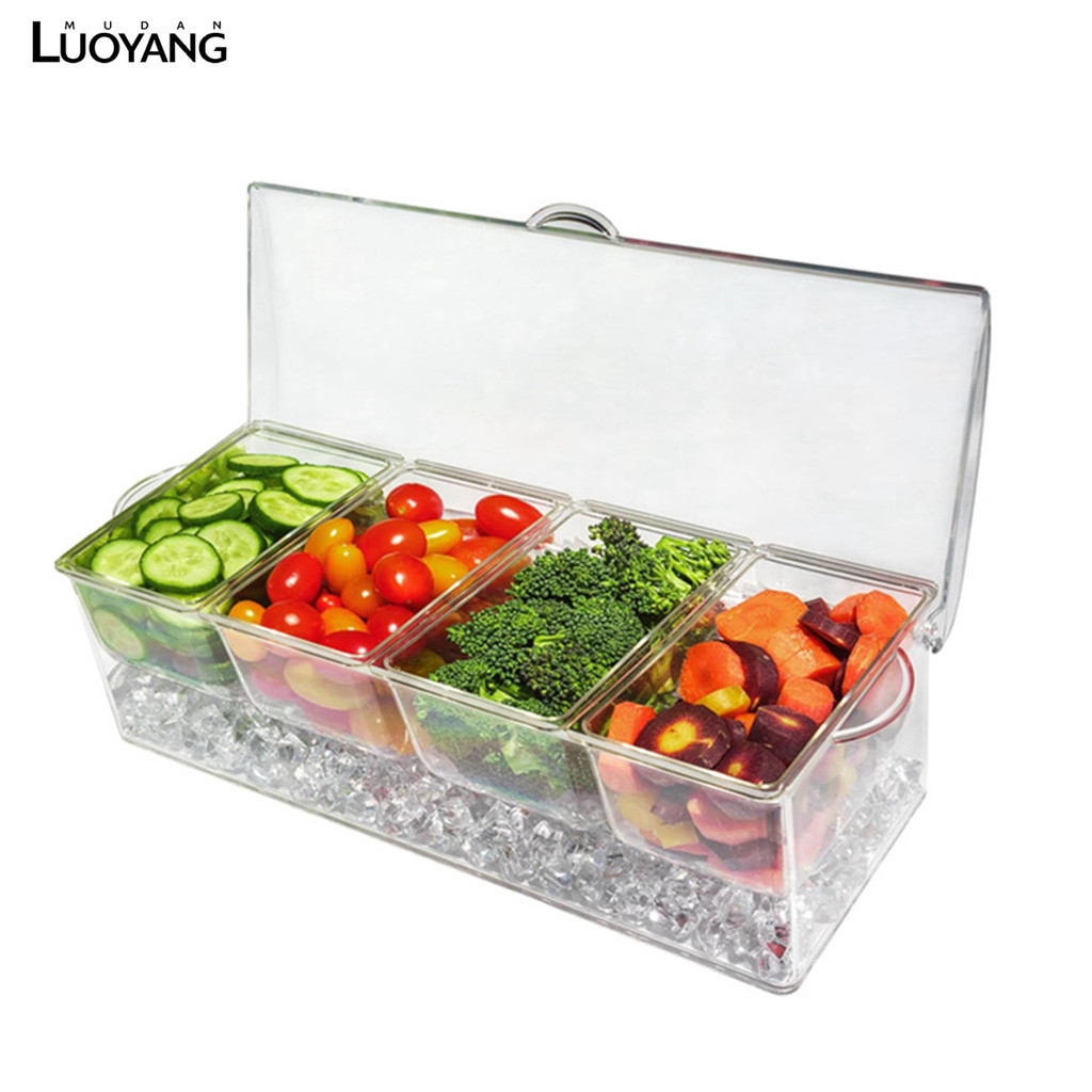 洛陽牡丹 塑膠調料盒抗衝擊分格水果盒四格冷凍帶蓋保鮮盒野餐盒酒吧廚房
