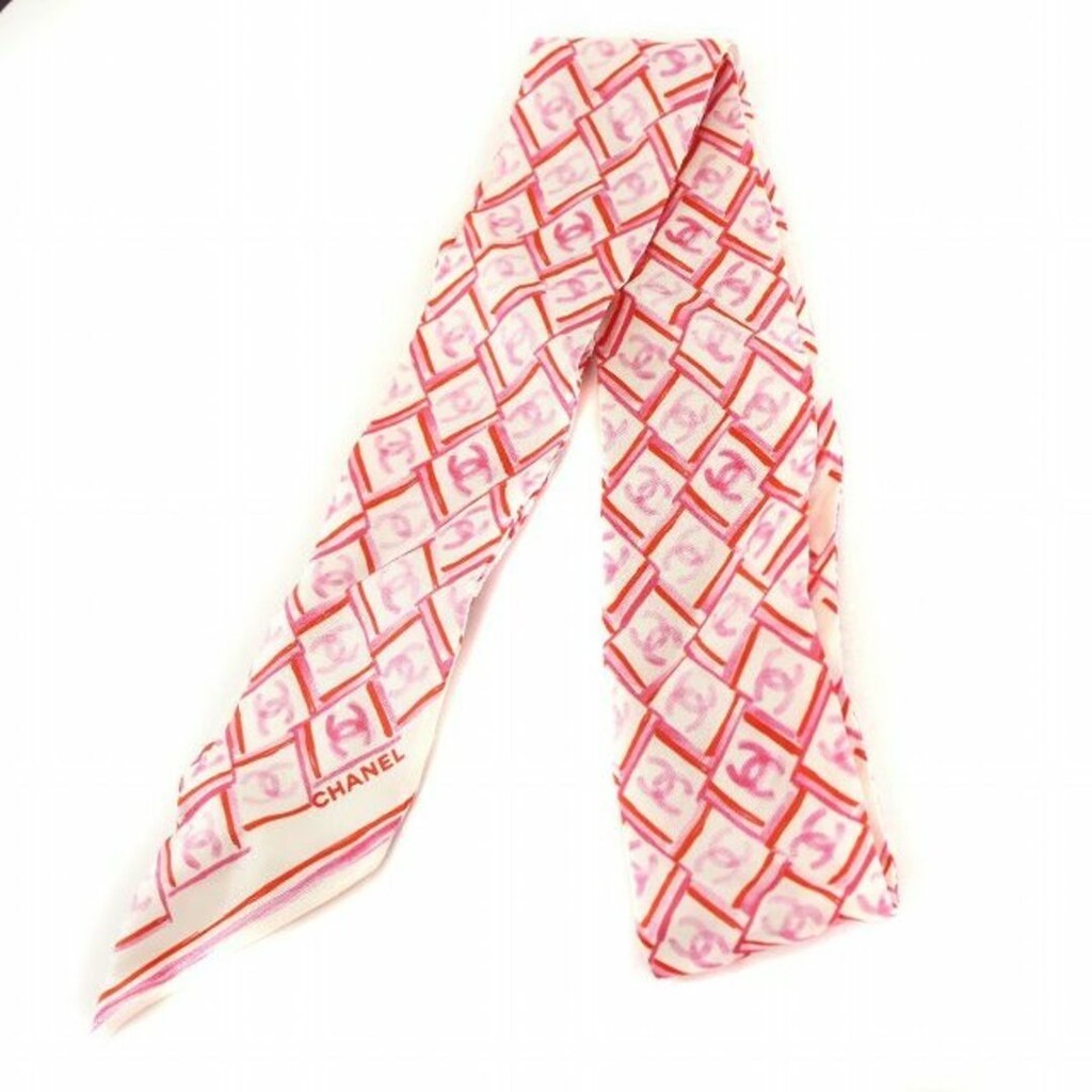 CHANEL 香奈兒圍巾 緞帶 髮帶雙c標誌絲綢粉紅色 白 日本直送 二手