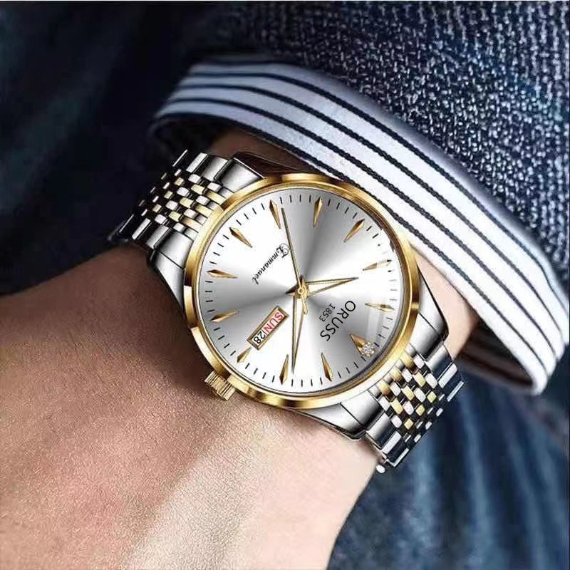 ORUSS原裝不鏽鋼商務豪華雙日曆時尚男士手錶防水夜光金色石英腕錶