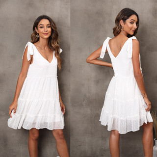 夏季歐美外貿洋裝夏季女裝 跨境抽繩甜美風雪紡短裙白色吊帶裙