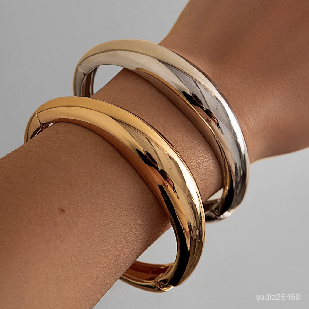 歐美飾品時尚誇張金屬圓弧素圈手鐲bracelet寬麵多層簡約手環