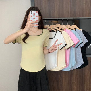 L-4XL 大尺碼方領T恤 撞色短袖 夏季女裝新款美式方領露鎖骨甜辣顯瘦上衣設計感上衣女大尺碼