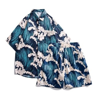 夏季水波印花短袖襯衫+短褲男士大碼套裝