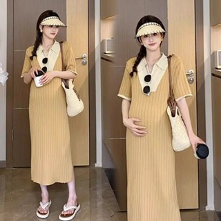 十月天使🌈孕婦裝 孕婦洋裝 夏天連衣裙 時尚孕婦裙 法式 撞色 針織連衣裙 寬鬆休閒慵懶Polo裙 長裙 大碼 彈性