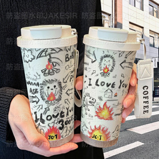 明星同款 檀健次 小炭火塗鴉保溫杯 不鏽鋼學生高顏值吸管雙飲大容量咖啡水杯 偶像周邊