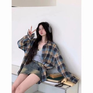 限時下殺🚀🚀✨【1341人收藏】復古慵懶氛圍感撞色長袖格子襯衫女春秋外搭寬鬆襯衣外穿外套上衣
