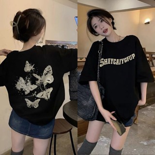 【Jaylee】美系小眾蝴蝶純棉t恤 夏裝新款 短袖t恤女 寬鬆 顯瘦chic短袖上衣 情侶潮流休閒寬鬆t恤 短袖女