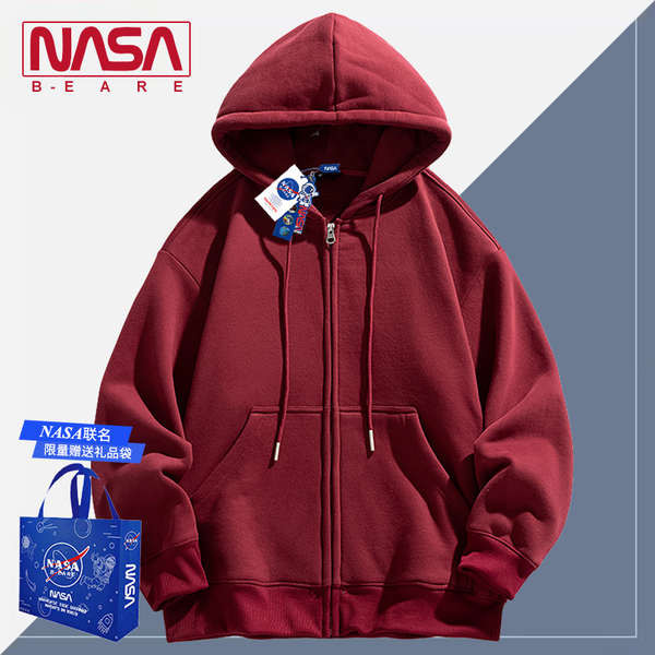 韓國帽t 忍者外套 忍者帽t 女 NASA聯名酒紅色小外套大學T女春秋2025年新款秋冬高級感拉鍊連帽外套