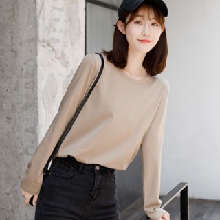 小麥🎈現+免運 2025早春新款卡其色長袖T恤女秋天寬鬆純棉別緻打底衫薄款早秋上衣女ins甜美