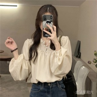 [7646人收藏]法式複古木耳邊輕奢長袖襯衫女秋季2024新款休閒別緻寬鬆百搭上衣