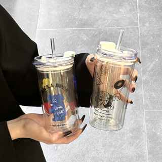 [D0317]ins高顔值耐高溫雙層隔熱玻璃吸管杯水杯隨行便攜杯子ins風辦公室咖啡杯大容量杯子學生