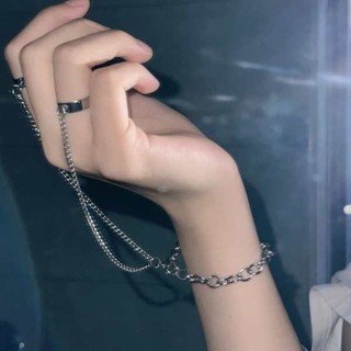 精品戒指 戒指 戒指女 鈦鋼戒指 朋克風金屬鏈條手鍊戒指一件式指鏈女手飾男生高階感嘻哈指環配飾品