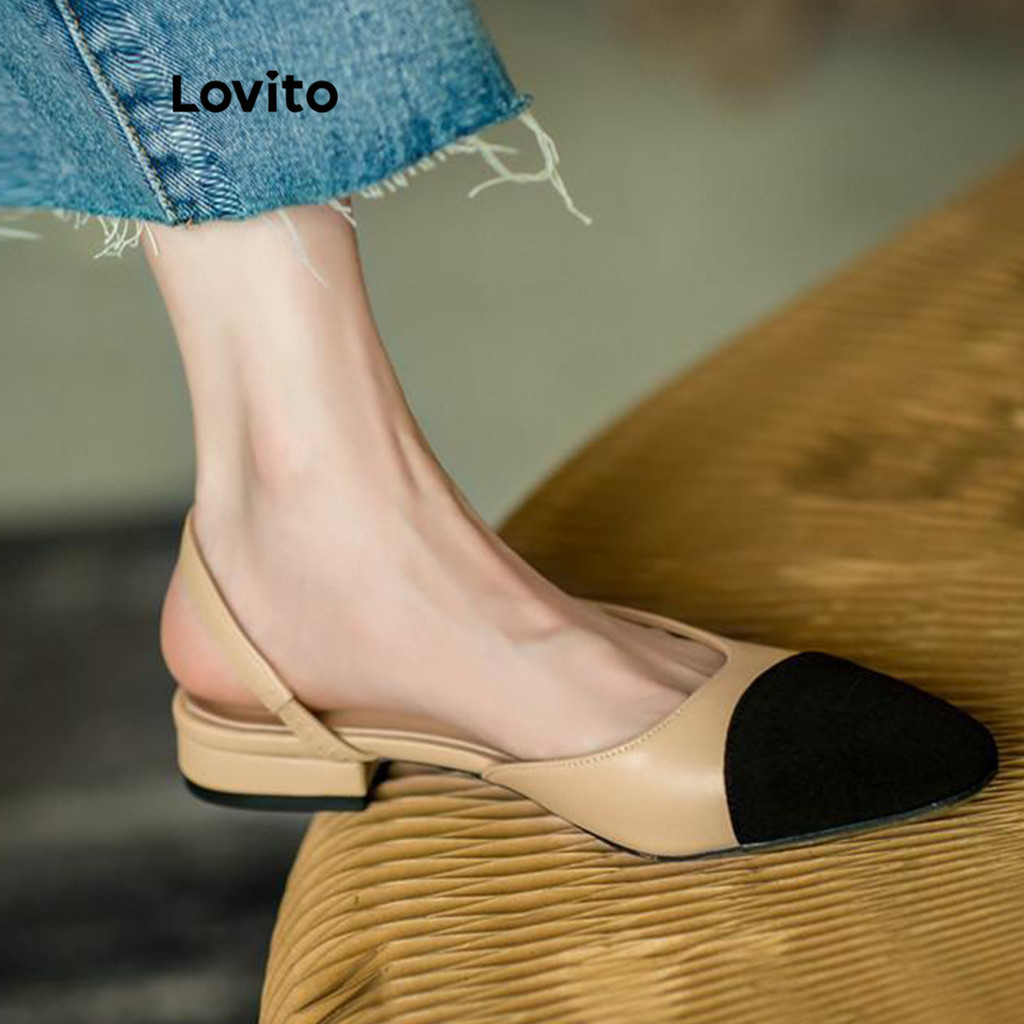 Lovito女式優雅素色布料拼接粗跟鞋 LFA21322