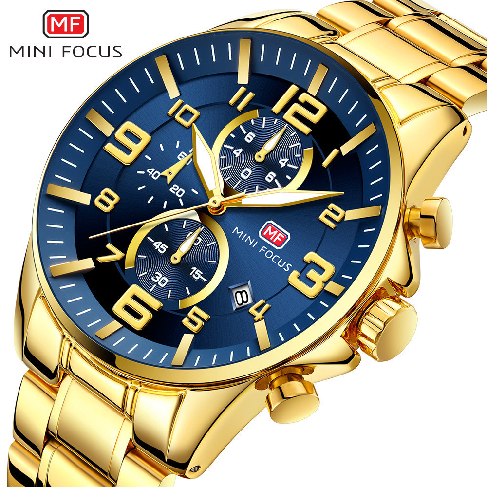 MINI FOCUS黃金手錶 大表盤男表中東爆款夜光防水手錶鋼帶男手錶0278G