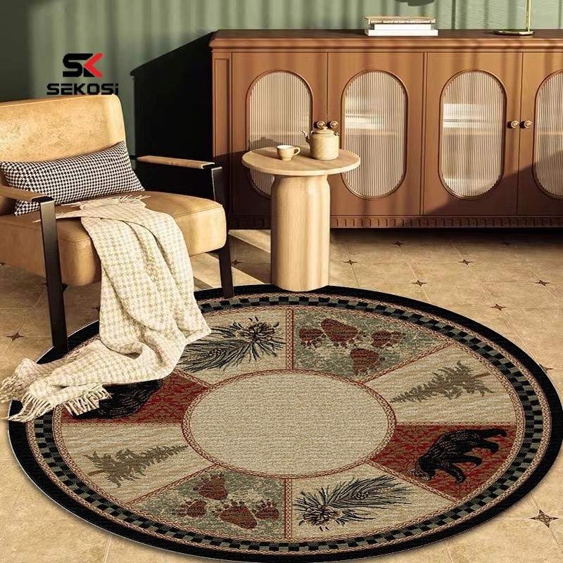 SK新款圓形美式客廳地毯 北歐復古民族風地墊家用防滑床邊毯100%