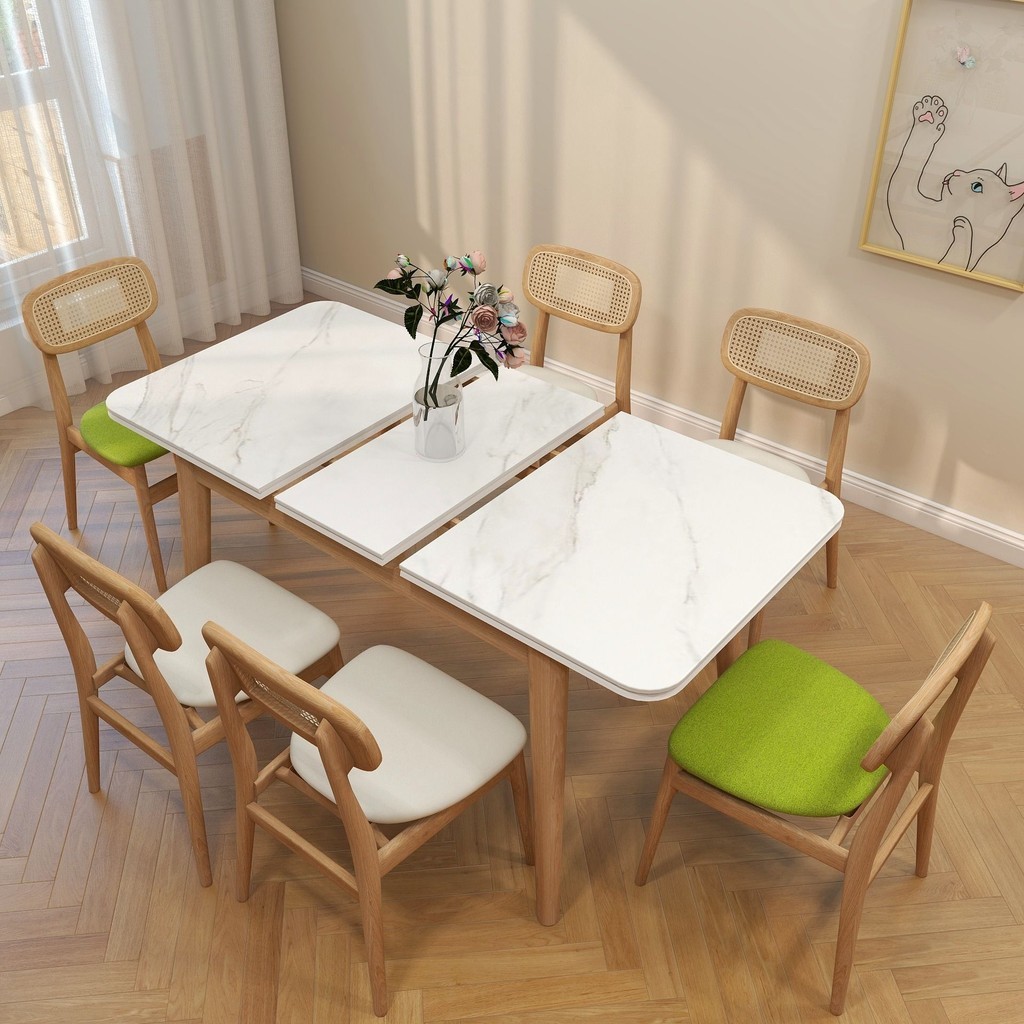 【 特價清倉】北歐原木日式巖板餐桌長方形抽拉可伸縮餐桌家用小戶型ins可折迭