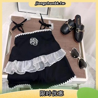 女童服裝套裝繫帶山茶花無袖吊帶背心+短褲女寶寶衣服韓服夏季兩件套