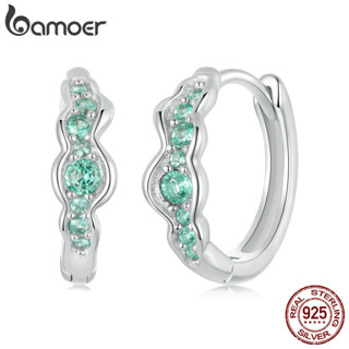 Bamoer 925 純銀圈形耳環綠色波浪設計珠寶禮物女士