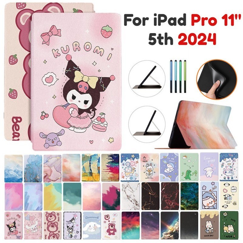 Kuromi 卡通彩繪壓紋 PU 皮套適用於 iPad Pro(11 英寸,第 5 代)2024 M4 翻蓋支架兒童支架