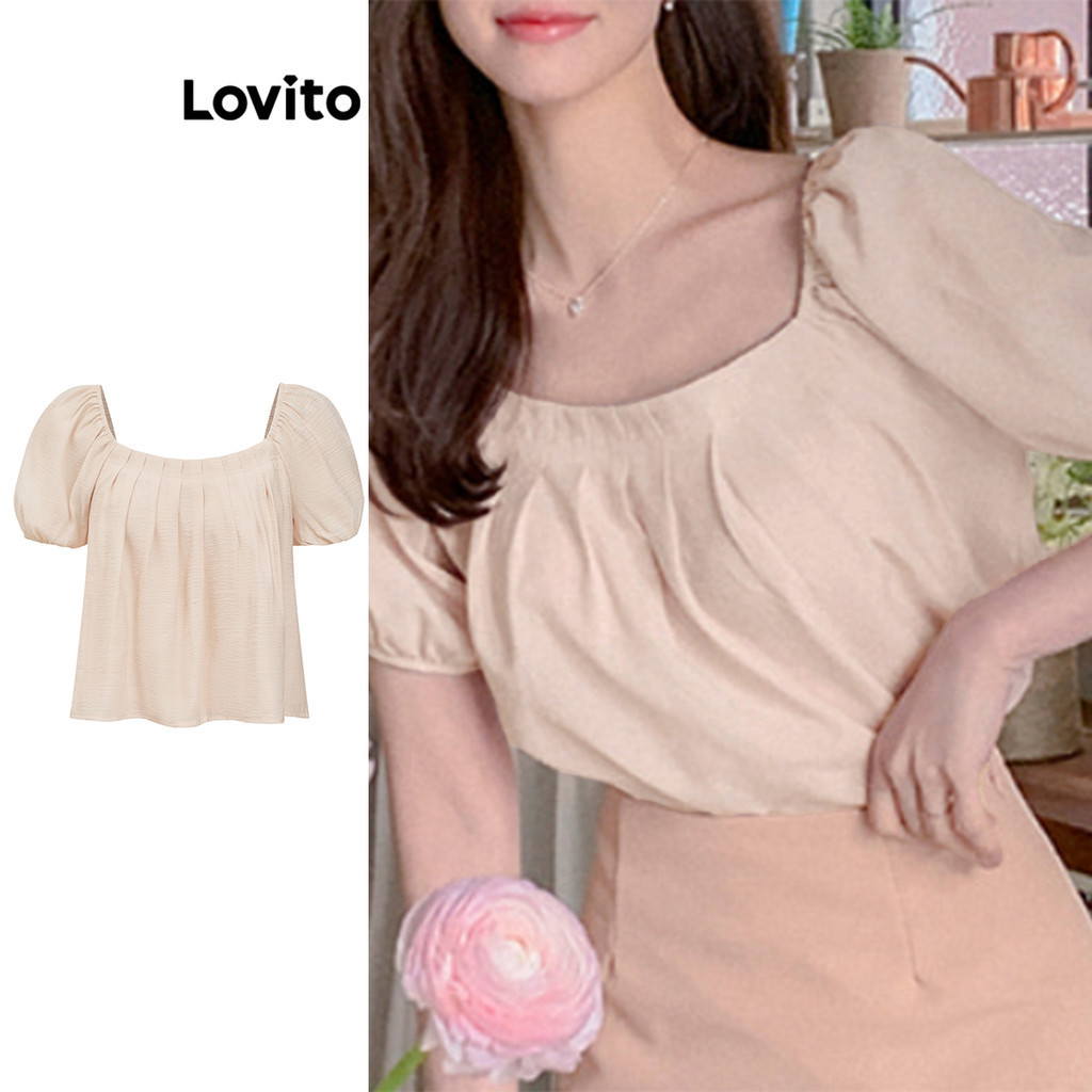 Lovito 女款休閒素色褶皺雙層襯衫 L87ED210