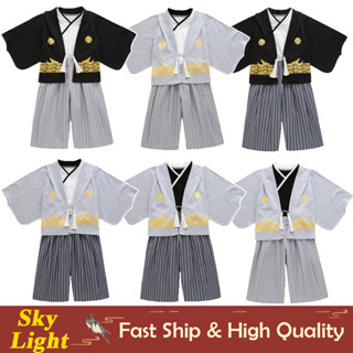 日本和服服裝套裝兒童男孩黑色灰色夏季休閒裝浴衣外罩外套背心褲子女童衣服套裝