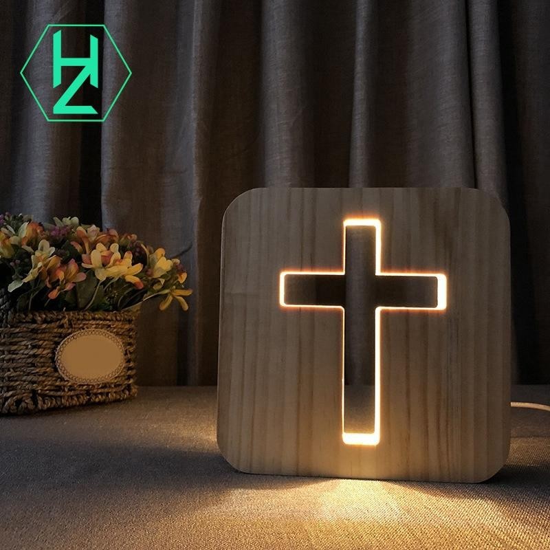 [hzhaiyaa3.tw]3D Led 燈小夜燈 USB 檯燈基督教十字架工藝品禮品家居裝飾木製