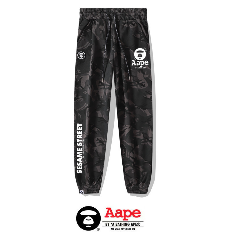 Aape 新品印花 APE LOGO 高品質 2024 灰色迷彩棉長褲抽繩彈力男士女士嘻哈
