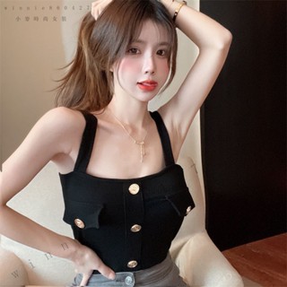 💕秋冬新品#夏季新款純慾字母紐扣小背心內搭打底弔帶衫抹胸短款辣妹無袖上衣