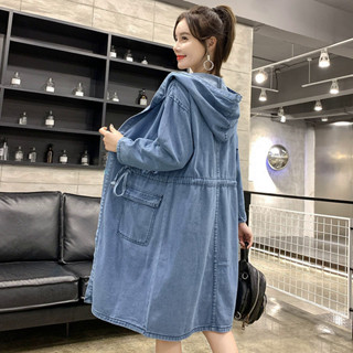 牛仔外套 牛仔外套女 韓版外套 牛仔風衣女 中長款寬鬆時尚氣質連帽拚接外套 大尺碼 風衣外套