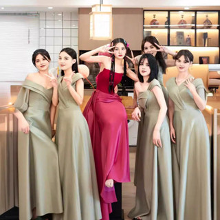 婚紗 自助婚紗 大尺碼婚紗 名媛緞面伴娘服女高階感合唱平時可穿小眾姐妹團主持人晚禮服裙夏