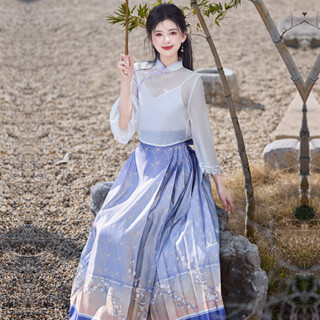 【桃喜Rich現貨】印花馬面裙 新中式女裝 東方氣質盤扣立領網紗外披 改良吊帶上衣 搭配印花紫色馬面裙套裝 改良漢服