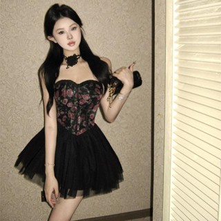 法式甜美蓬蓬在逃公主裙木耳邊碎花拼接溫柔純欲性感抹胸洋裝女 Pearl Girl