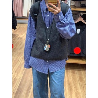 【HOT 本舖】 少年感藍色格子襯衫疊穿內搭日系復古上衣長袖打底襯衣外套男女款