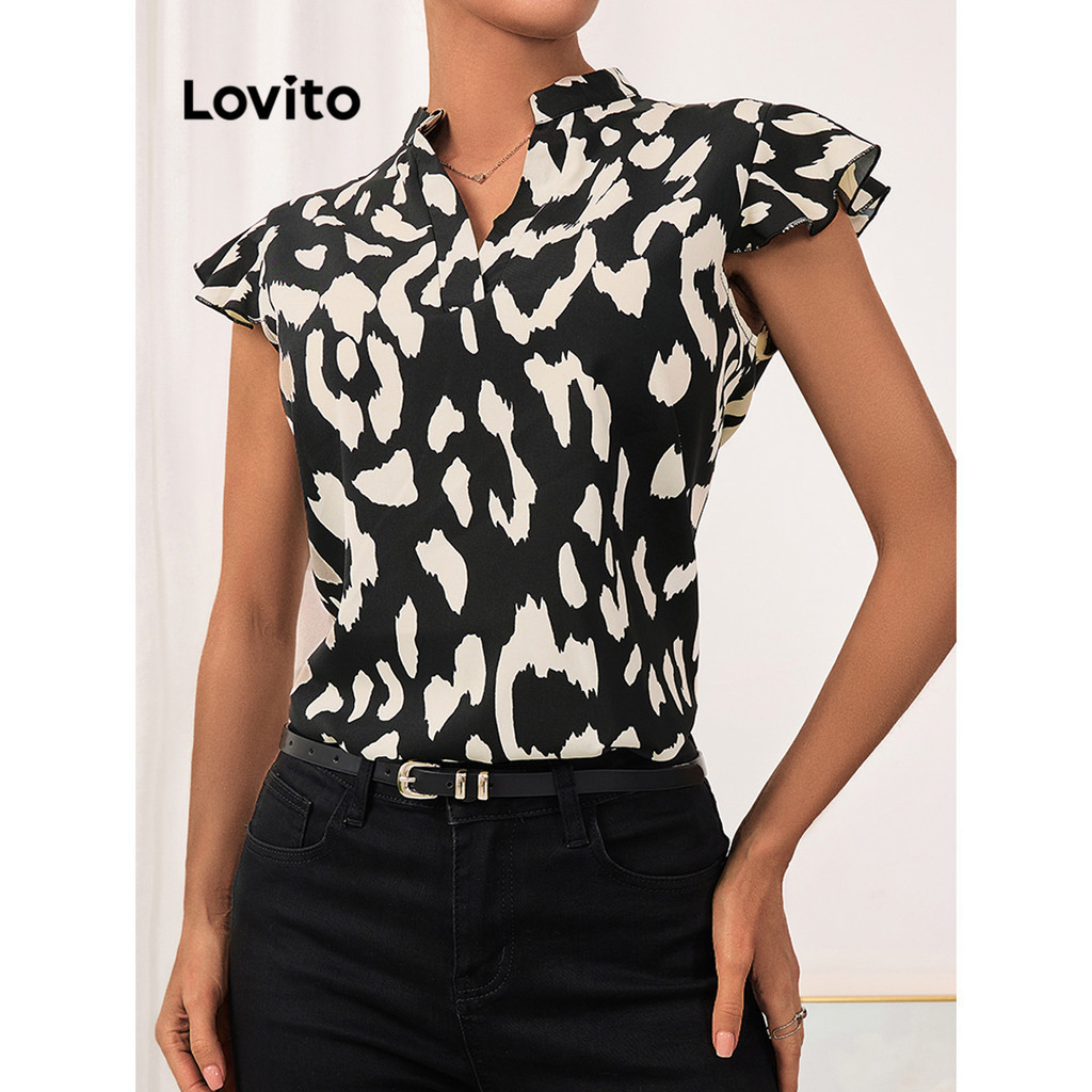 Lovito 女裝優雅豹紋荷葉邊襯衫 LBL09091