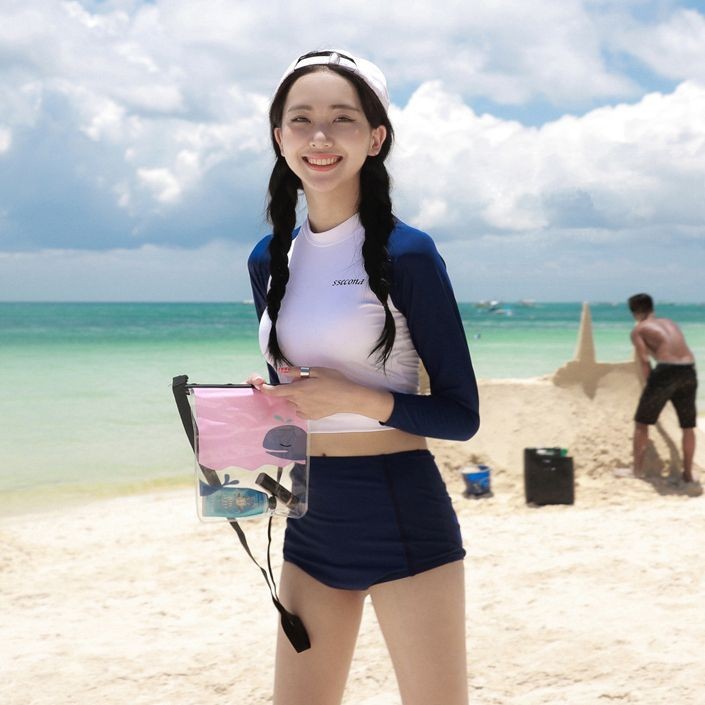 韓國新款分體泳衣女保守學生小清新性感長袖顯瘦平口泡溫泉兩件套