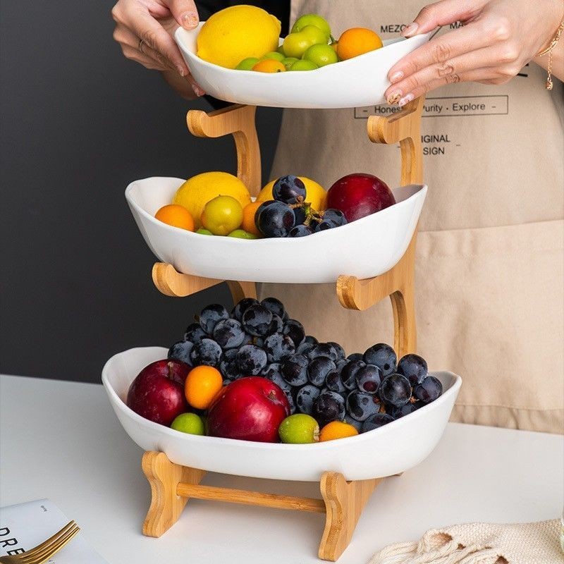 創意果盤 三層多層水果盤 歐式陶瓷乾果盤 竹木架 家用零食盤 糖果托盤 果籃