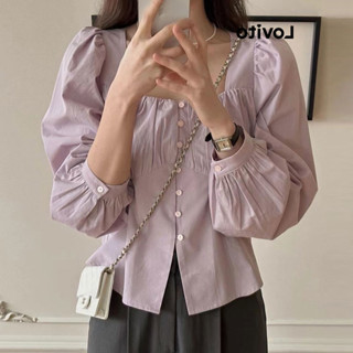 Lovito 女式休閒素色鈕扣前褶襯衫 LNE37095 (紫色)