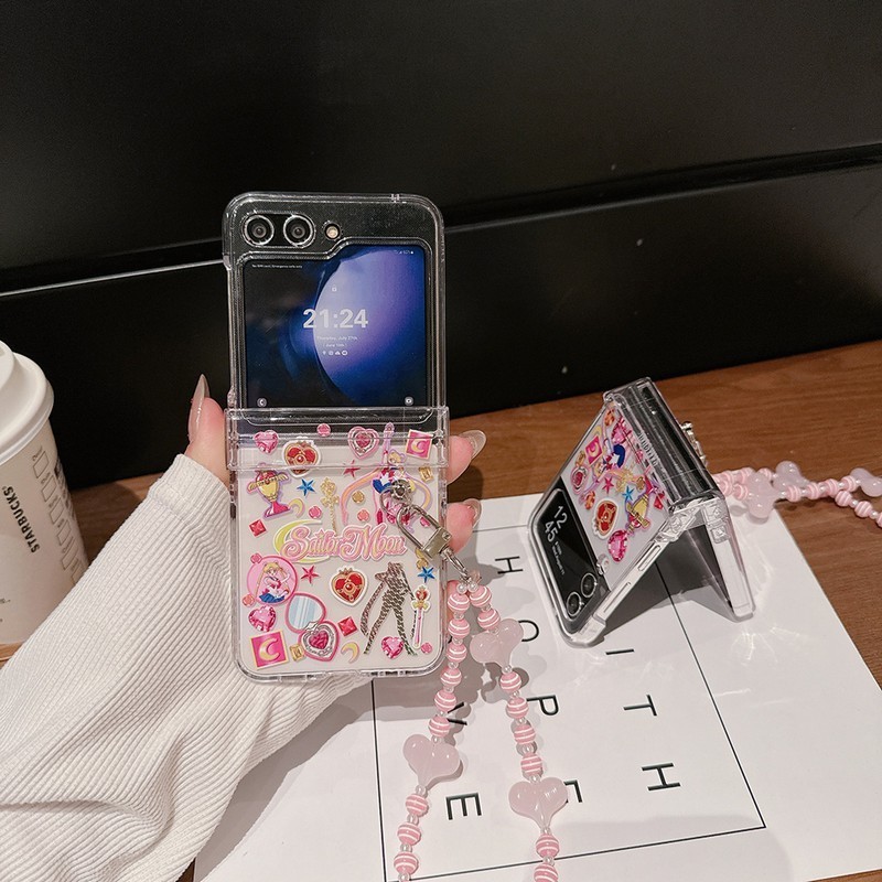 SAMSUNG SAILOR MOON 卡通美少女戰士女孩透明鉸鏈硬翻蓋手機殼適用於三星 Galaxy Z Flip 5
