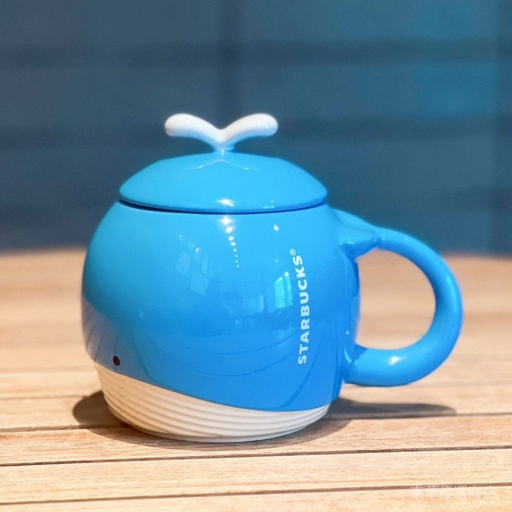 【品質保證】星巴克24夏日海邊系列鯨魚馬克杯陶瓷咖啡杯帶蓋桌面辦公家用水杯-----東華優選商店 JFZZ