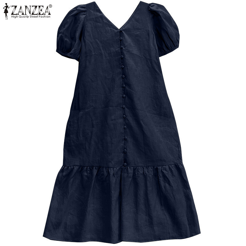 Zanzea 女式韓版時尚 V 領純色泡泡袖寬鬆連衣裙