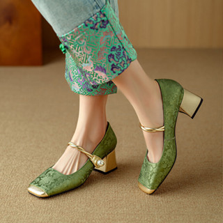 新中式國風瑪麗珍女鞋春款粗跟旗袍鞋中跟馬面裙鞋小香風方頭單鞋