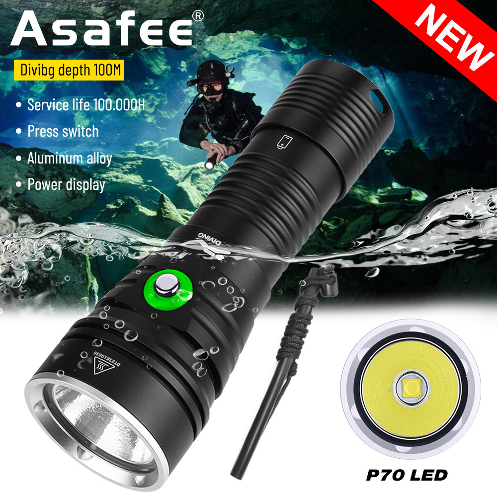、超亮水肺潛水手電筒 DA15 P70 LED Asafee 水下浮動手電筒 5 種燈光模式使用18650/26650