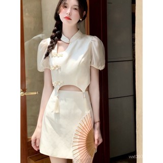女夏新中式時尚爆款氣質短版上衣高級感改良套裝洋裝鏤空新中式上衣旗袍
