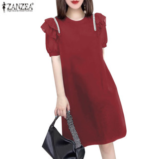 Zanzea 女式時尚休閒圓領短袖荷葉邊拼接寬鬆絲帶連衣裙