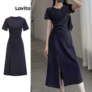 Lovito 女士優雅素色不對稱褶襉連身裙 L87ED149