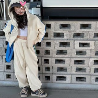 【YAOEENH】120-170CM 女童洋氣連帽條槓拉鍊小外套兩件套 中大童寬鬆休閒運動大學T棉褲 現貨 快速出貨