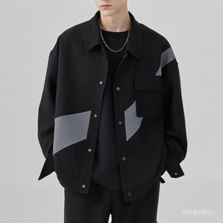 現貨速髮#男士衣著短版上衣夾克【93%好評率】撞色拚接設計感翻領夾克寬鬆24秋季新款韓版時尚休閒潮流外套男士薄外套