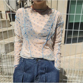 【Uni】夏季~韓國ins 蝴蝶結印花可愛防曬網紗長袖T恤上衣 日系少女百搭tee