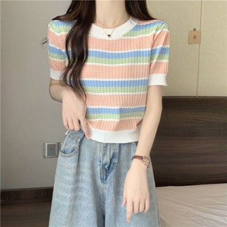 《現貨下單》條紋短袖t恤女2025年新款夏季遮肚子薄款針織衫獨特緊身顯瘦上衣上衣短袖女裝短袖女生上衣氣質女裝早春女裝